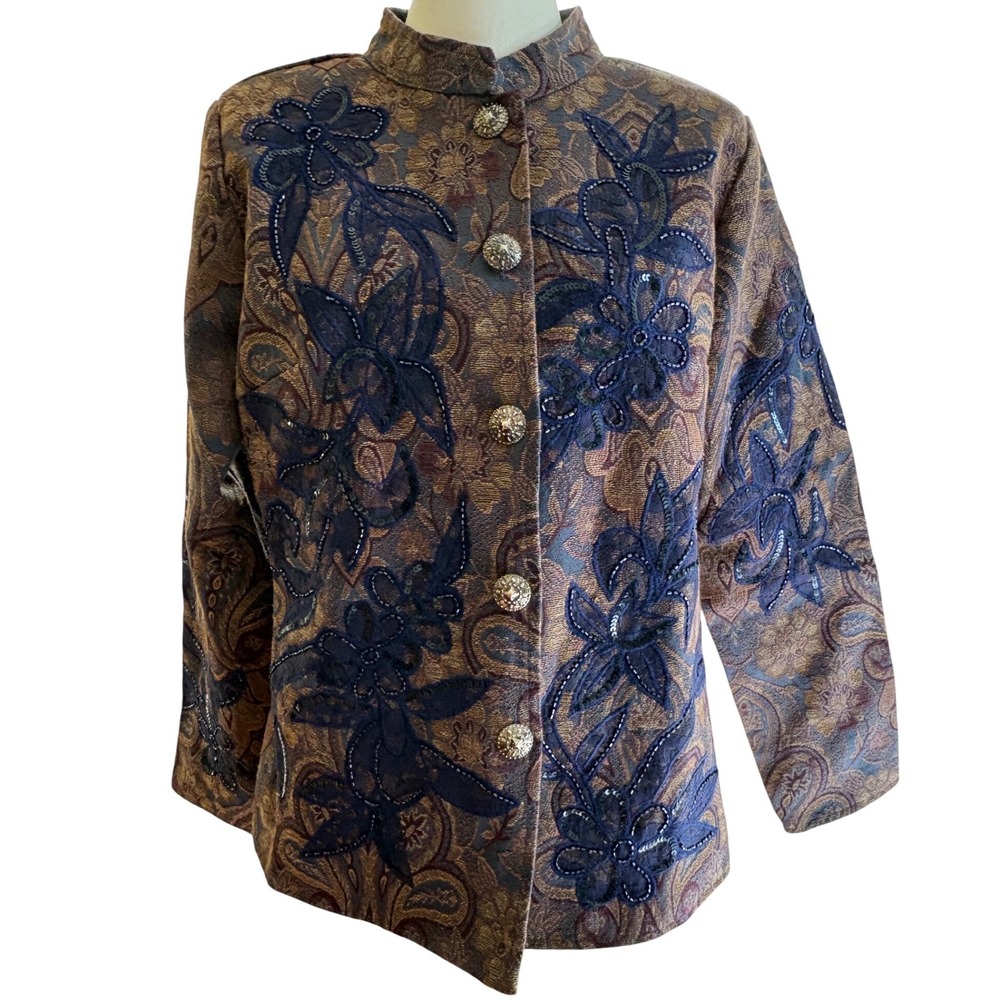 Indigo Moon‎ Embellished Jacket Women Size S Beaded Floral Boho Tapestry Artwear